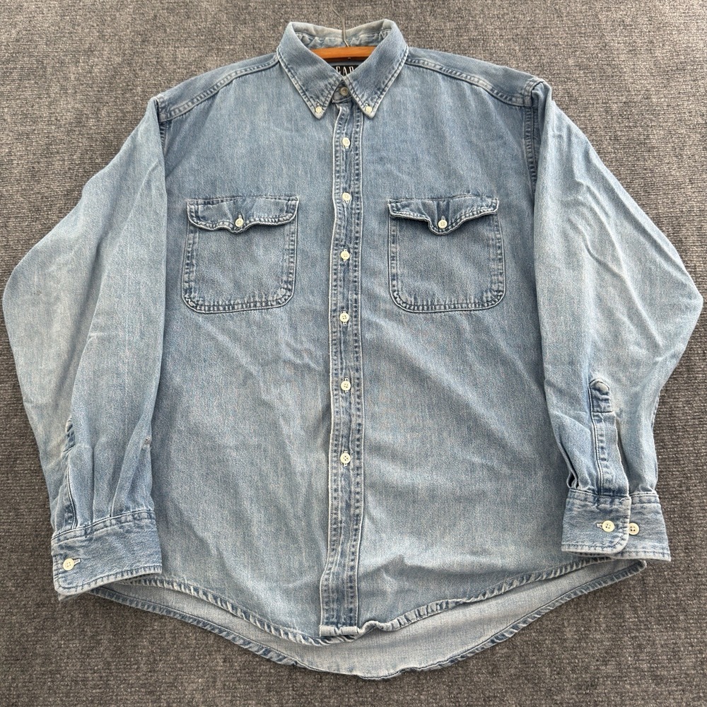 Vintage 90s GAP Denim Button Down Shirt Mens Large Light Wash Distressed
